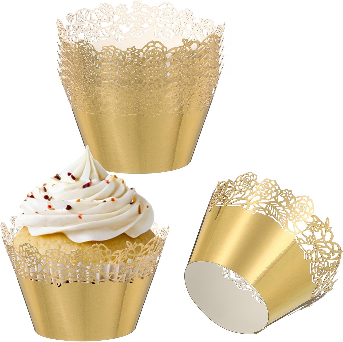 PATIKIL Cupcake Wrappers Paper, 50 Pack Baking Cups Standard Rose Decoration for Anniversary Birthday Weddings and Parties, Reflective Gold