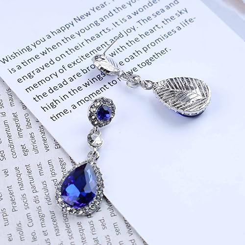 Miniatura 4 de Aretes colgantes de cristal de zafiro vintage, aretes de gota de zafiro azul, aretes de zafiro con lágrima, aretes colgantes de plata con circonita