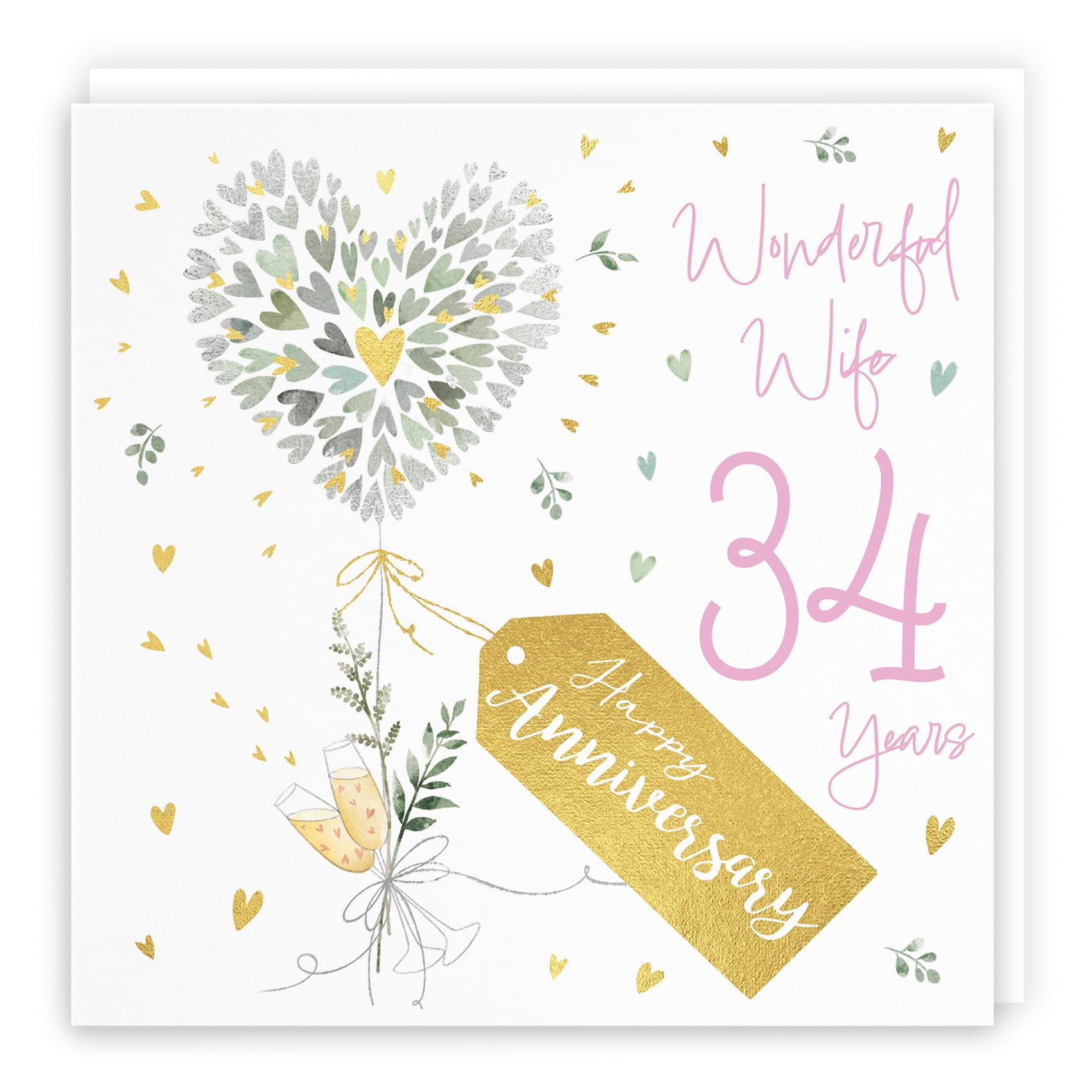 Hunts England 34th Wedding Anniversary Card - Contemporary Hearts With Gold Foil - Luxury Card for Wife Happy Anniversary