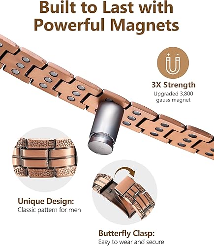 Miniatura 4 de Feraco Pulsera de cobre para hombres y mujeres, 3 veces más fuerza, 2 pulseras de terapia magnética de cobre con potentes imanes de 3800 Gauss,