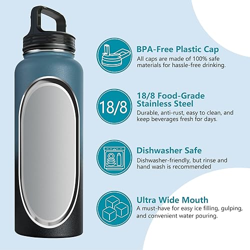 Miniatura 5 de AEXPF Botellas de agua aisladas de 40 onzas, botellas de agua deportivas al vacío de acero inoxidable con 3 tapas, termo de metal duradero a prueba