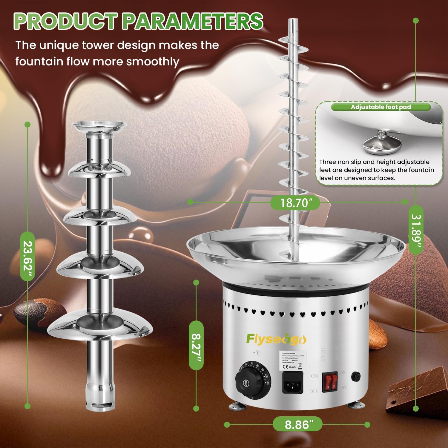 Commercial Chocolate Fountain| 5 Tiers 18 lb Capacity| Large Hot Chocolate Fondue Tower| Stainless Steel Chocolate Melting Heating Machine for Nacho Cheese, Liqueurs, Party, Wedding