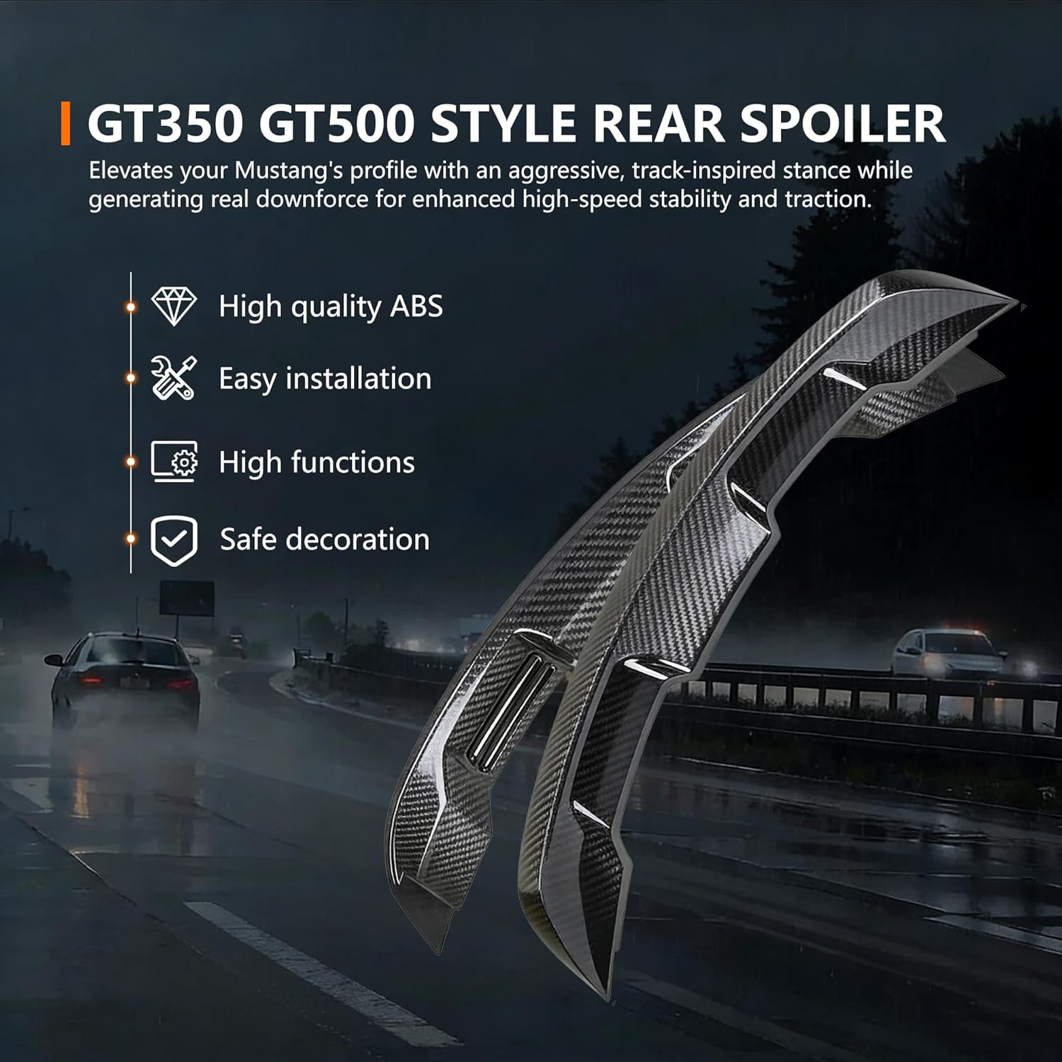 Carbon Fiber Look Rear Trunk Spoiler FIT 2015–2024 Ford Mustang – GT500 Style Wing, ABS Plastic, Bolt-On Installation – Exterior Styling Upgrade