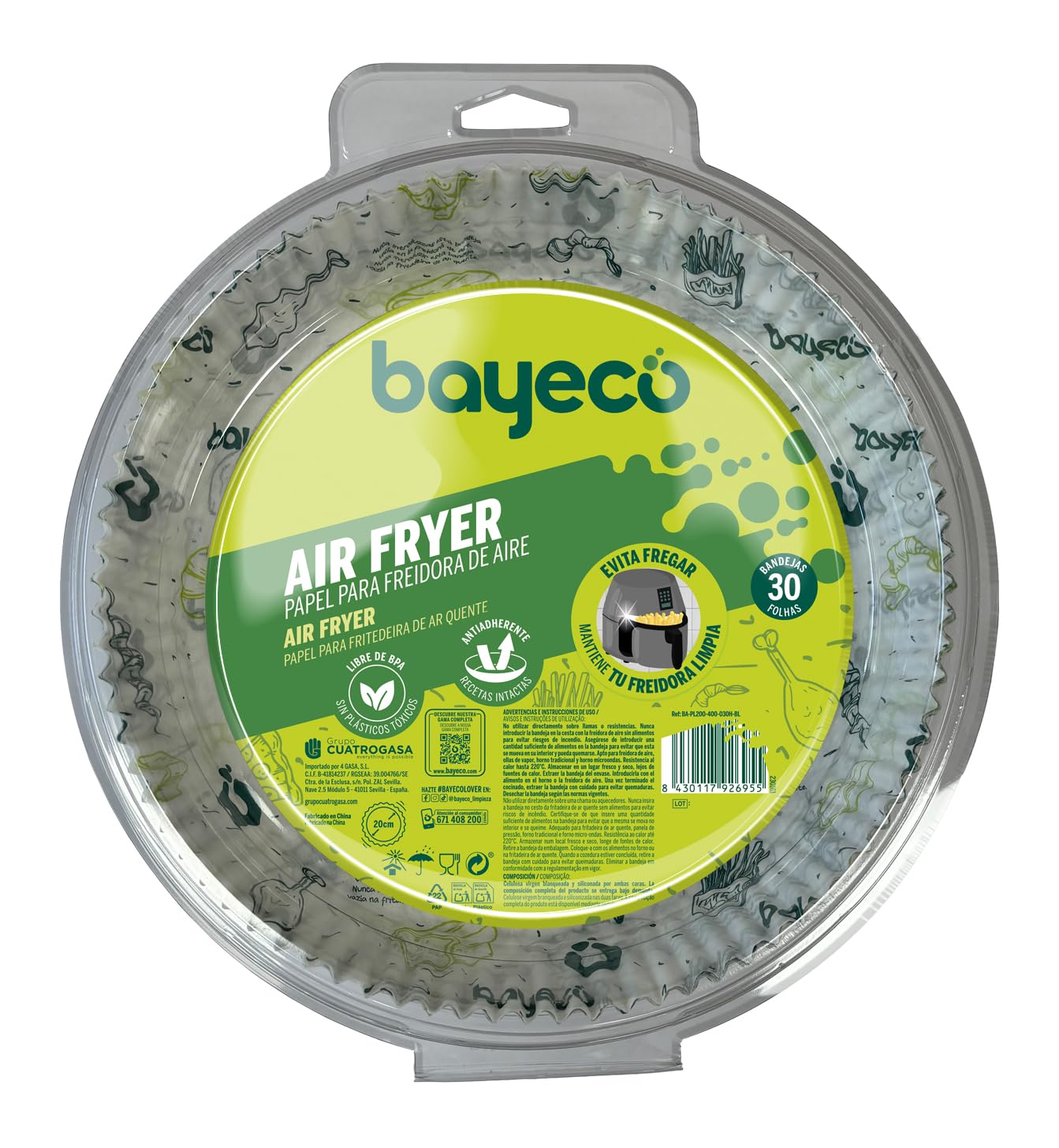Bayeco Airfryer - Papel de Freidora de Aire - Pack 30 uds - 20cm - Antiadherente - Adaptable a cesta cuadrada y circular - Apto para hornos y microondas