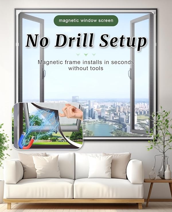 UULANFA Magnetic Window Screen - No Drill Easy Install DIY Cut to Fit Removable Bug Proof Mesh Screen for House Windows Apartments Grey （White Frame）47 * 51 by UULANFA - Image 2