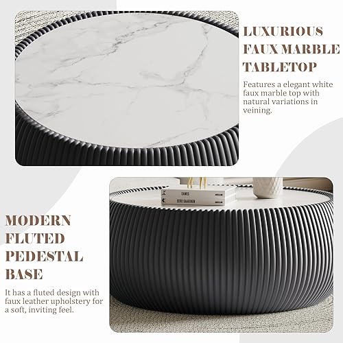 Miniatura 124 de Mesa auxiliar redonda moderna, mesa auxiliar de sofá de mármol sintético con base cubierta de cuero sintético en forma de cuenco, mesa auxiliar