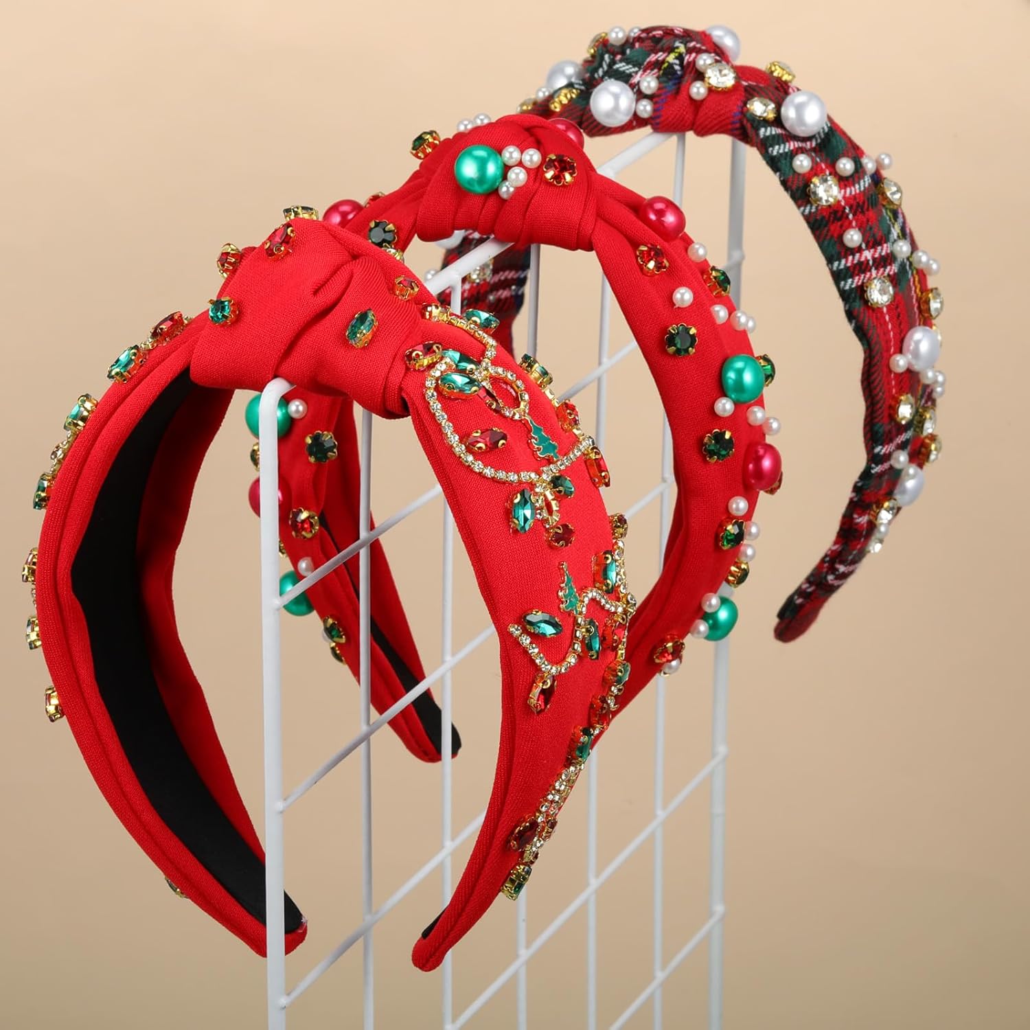 3 Pcs Christmas Headband for Women Pearl Knotted Headband Xmas Red Rhinestone Crystal Jeweled Hairband Makeup Hair Hoop Accessory Festive Party Costume Decor Gifts (Plaid)