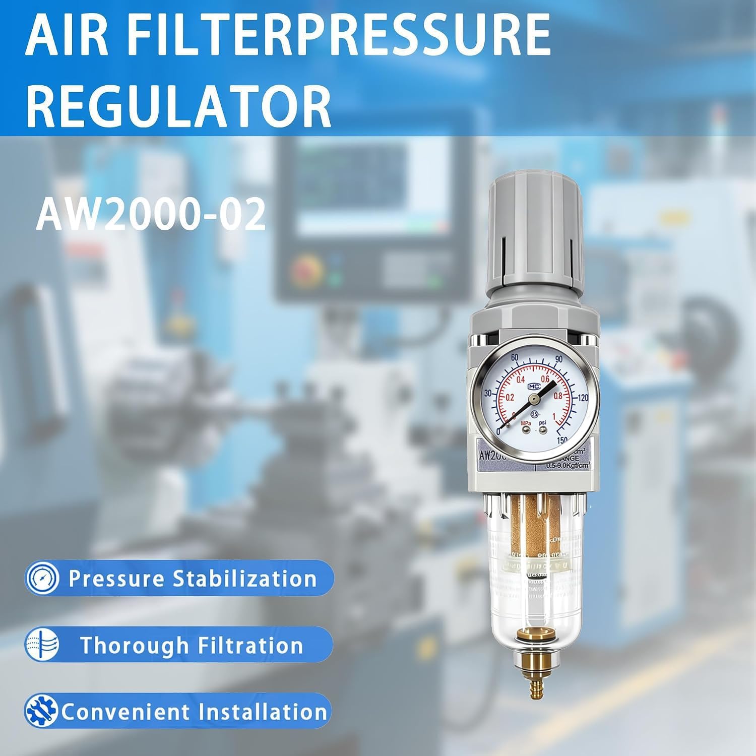 XingNEeng 1/4" NPT Compressed Air Filter Regulator Combo Piggyback, Water/Oil Trap Separator with Pressure Gauge(0-150 psi), Semi-Auto Drain, Poly Bowl, 5 Micron Brass Element, Metal Bracket