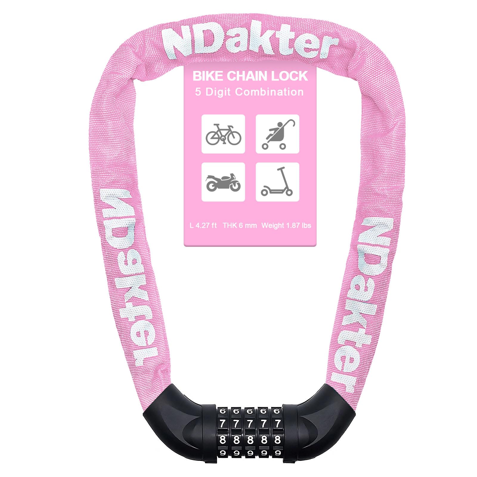 NDakter Bike Lock, 5 Digit Combination Heavy Duty Anti Theft Bicycle Chain Lock, 2.62/3.2/4.27/5/6Ft Long, High Security Resettable, Suitable for Bike