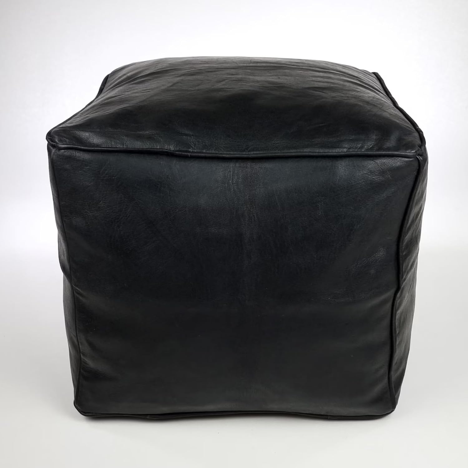 Handmade Moroccan Square Leather Pouf – Delivered Unstuffed – Ottoman, Footstool, Footrest, Hassock, Floor Cushion – Versatile Artisan Accent (Oiled Black)