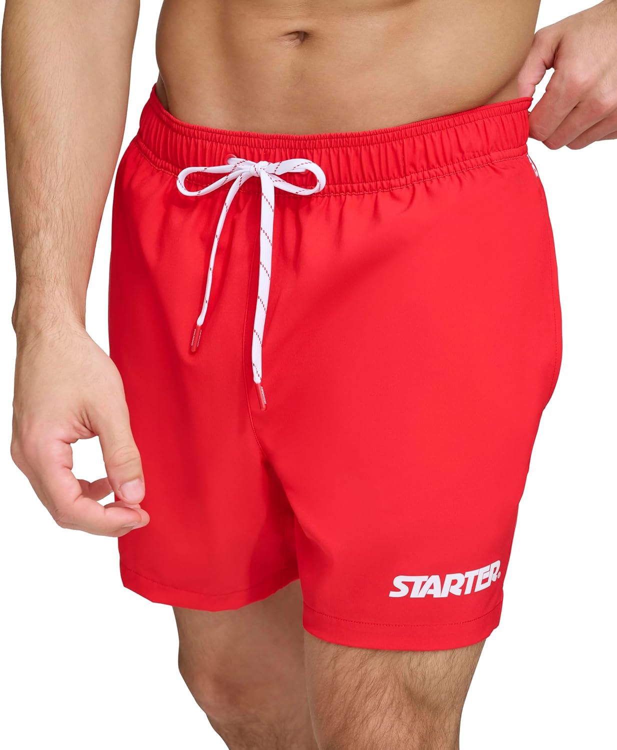 starter mens quick dry stretch volley swim trunk small red/red ( size s)