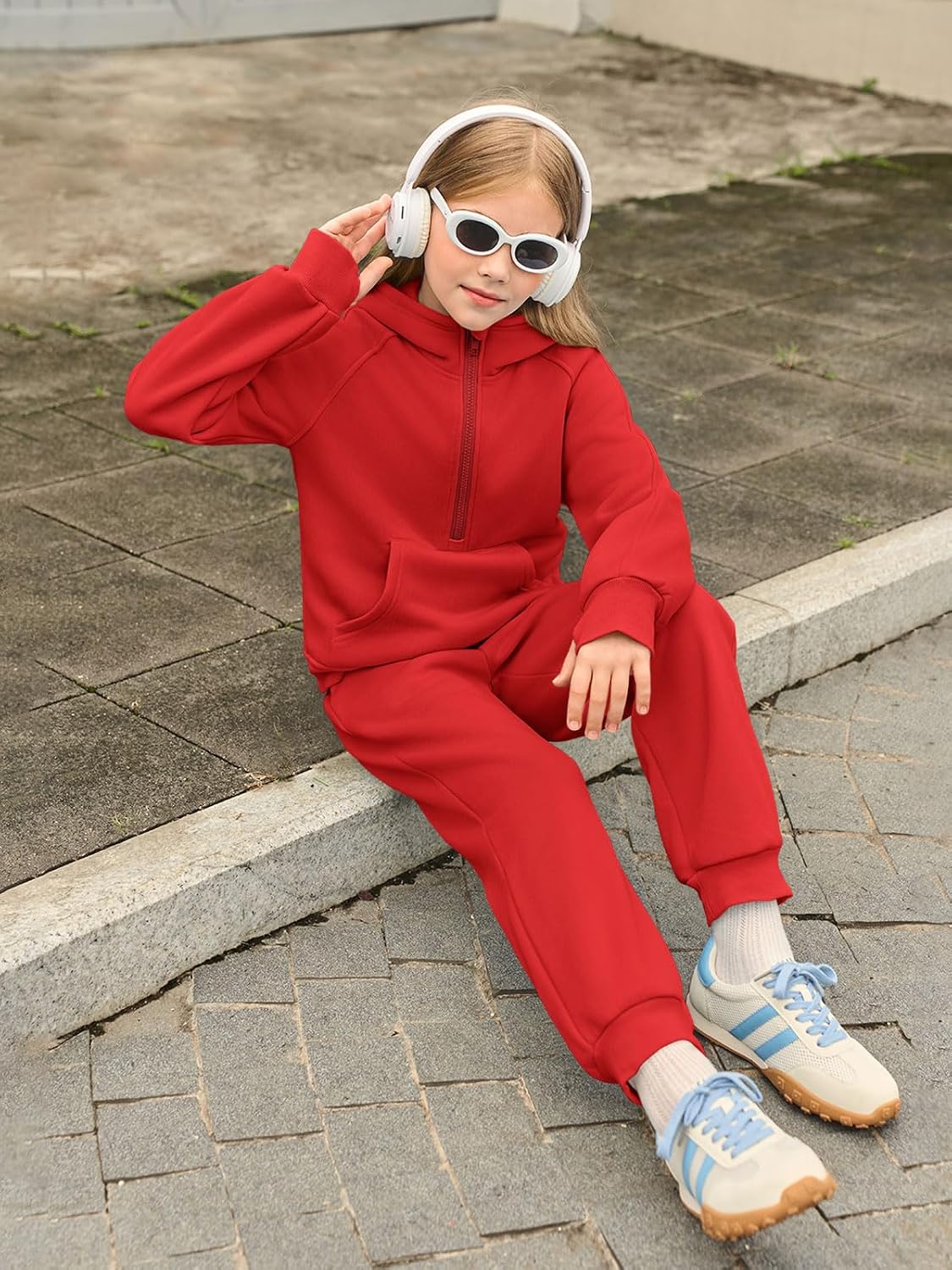 Girls 2 Piece Outfits Sweatsuit Kids Fleece Half Zip Hoodies Sweatshirt and Sweatpants Set with Pockets