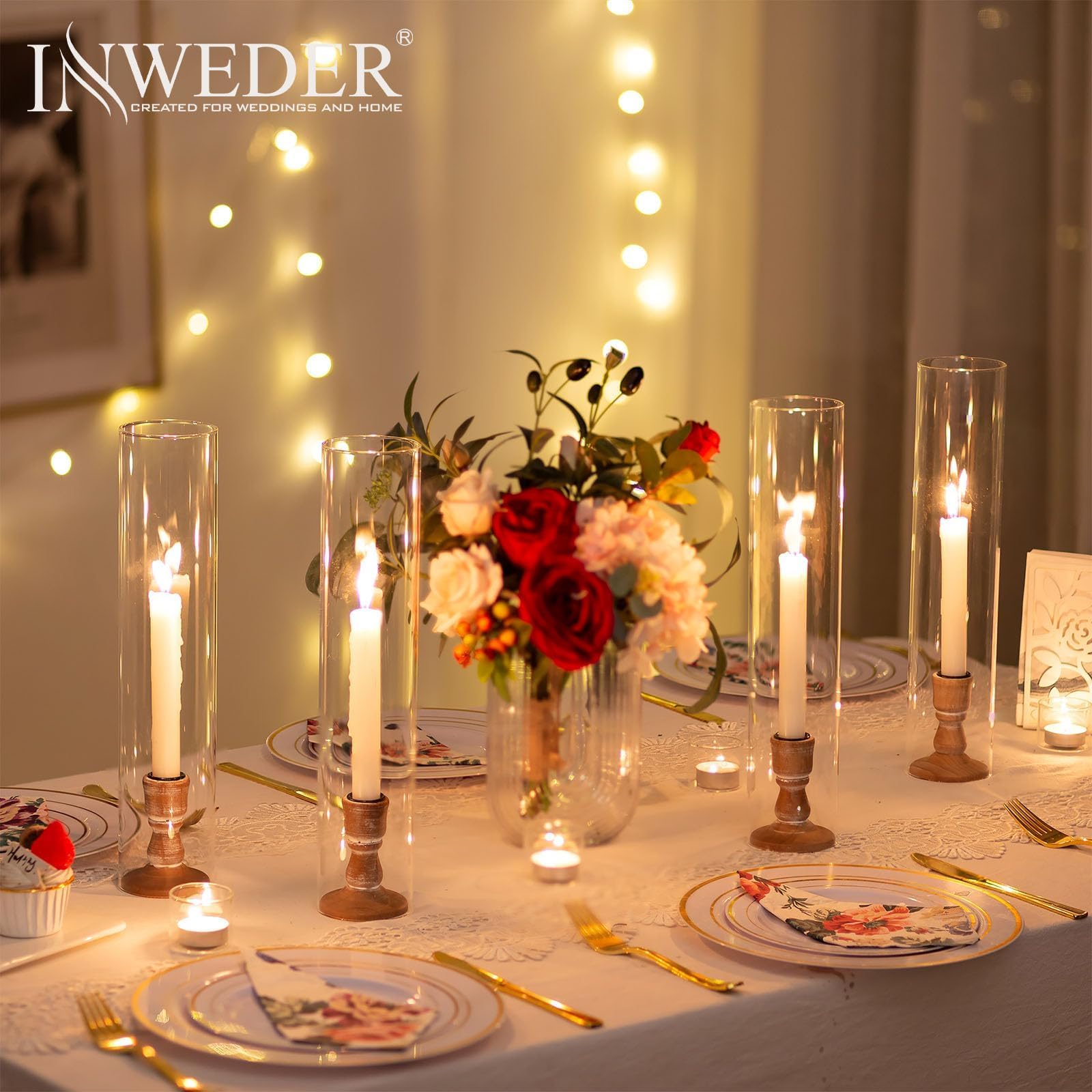 Kerzenhalter Stabkerze Kerzenständer Glas：10 er Stabkerzenhalter Windlichter Kerzenständer Stabkerzen aus Holz mit Abnehmbarem Glas für Tischdeko Hochzeit Veranstaltung oder Heimdekoration