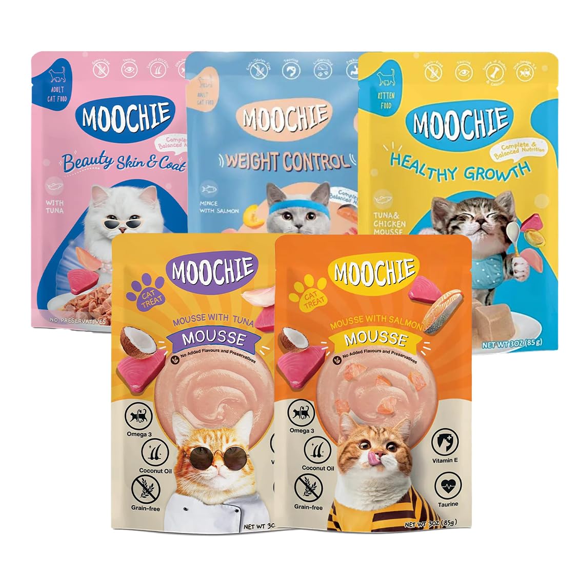 Moochie Tasty Wet Cat Food, Grain Free Cats Gravy Meal, No Artificial Flavours Kitten Food, Non-Vegetarian Cat Foods Pouch, All Flavours Mix for Adults & Kittens (85 g Pack X 10)