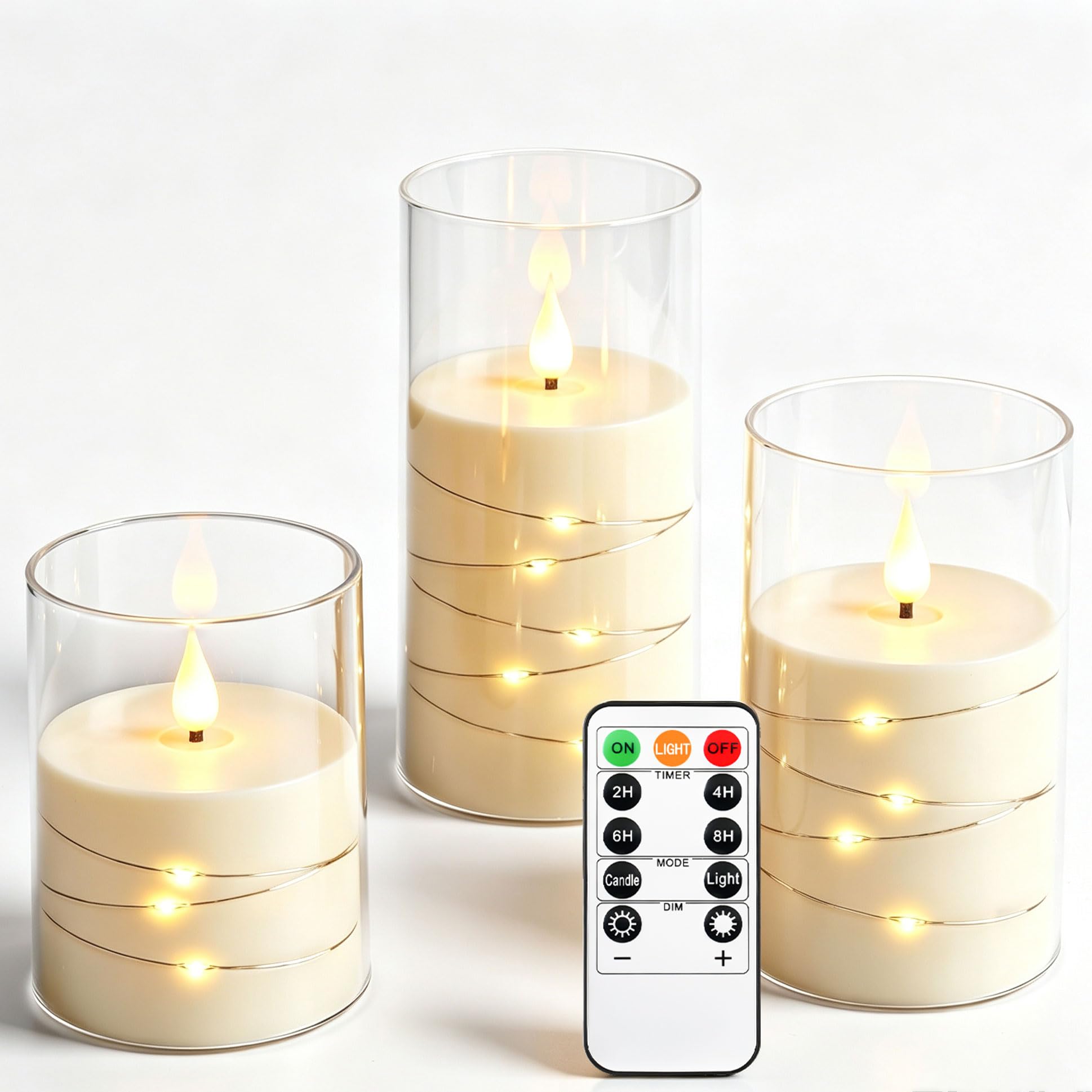 Da by 3 Ivory LED Candles with Clear Tube and Wraparound Fairy Lights, Realistic Internal Flickering Flame, 1 Remover, Heat Resistant Plastic, Assorted Sizes for Indoor and Outdoor