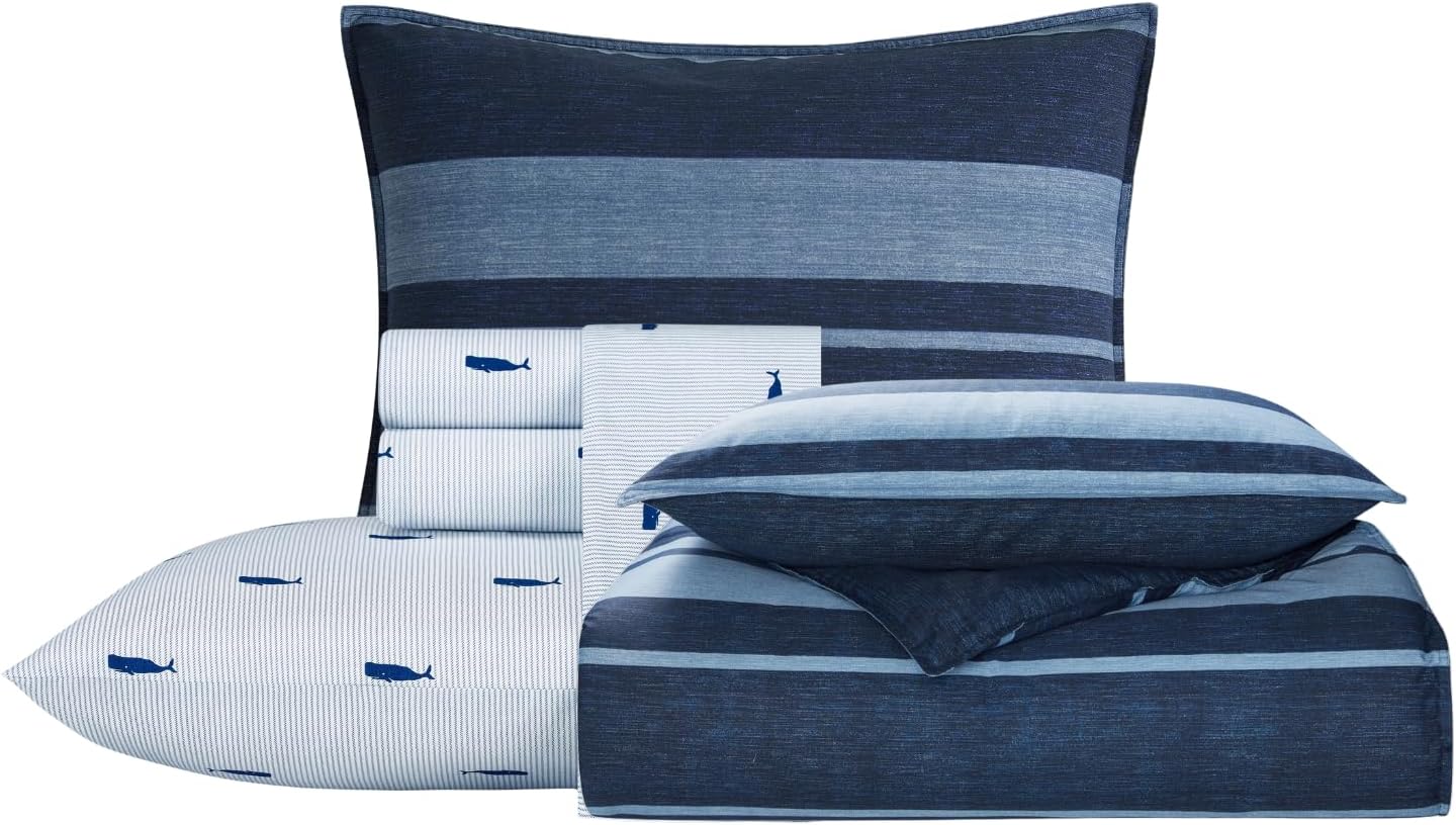 Nautica - Twin/Twin XL Bedding Bundle, Includes Reversible Comforter with Matching Sham & Cotton Percale Sheet Set, Crisp & Cool, Striped Dorm Room Essentials
