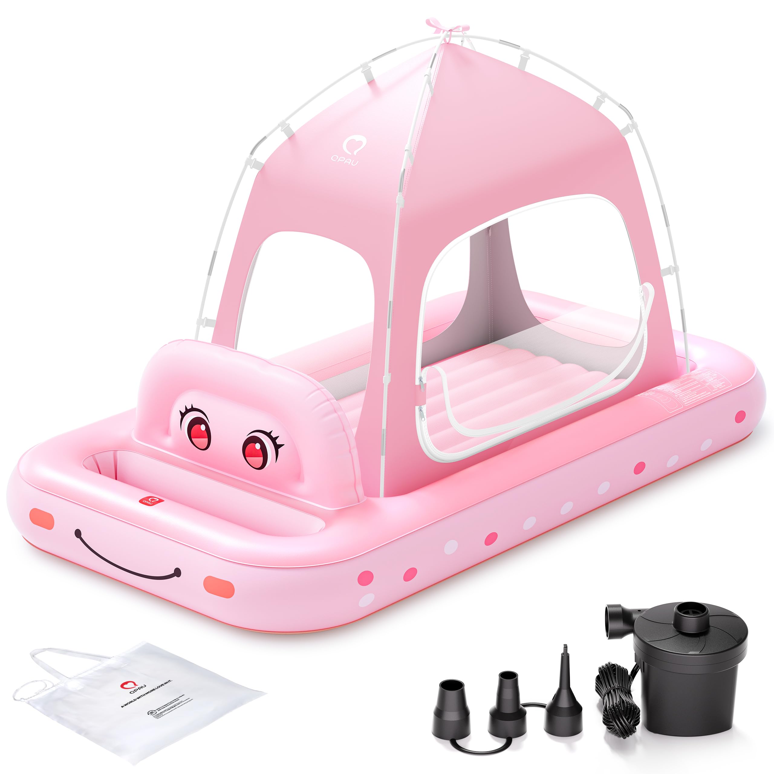 QPAU - Cama Inflable de Viaje para niños pequeños con Tienda de campaña, Color Rosa