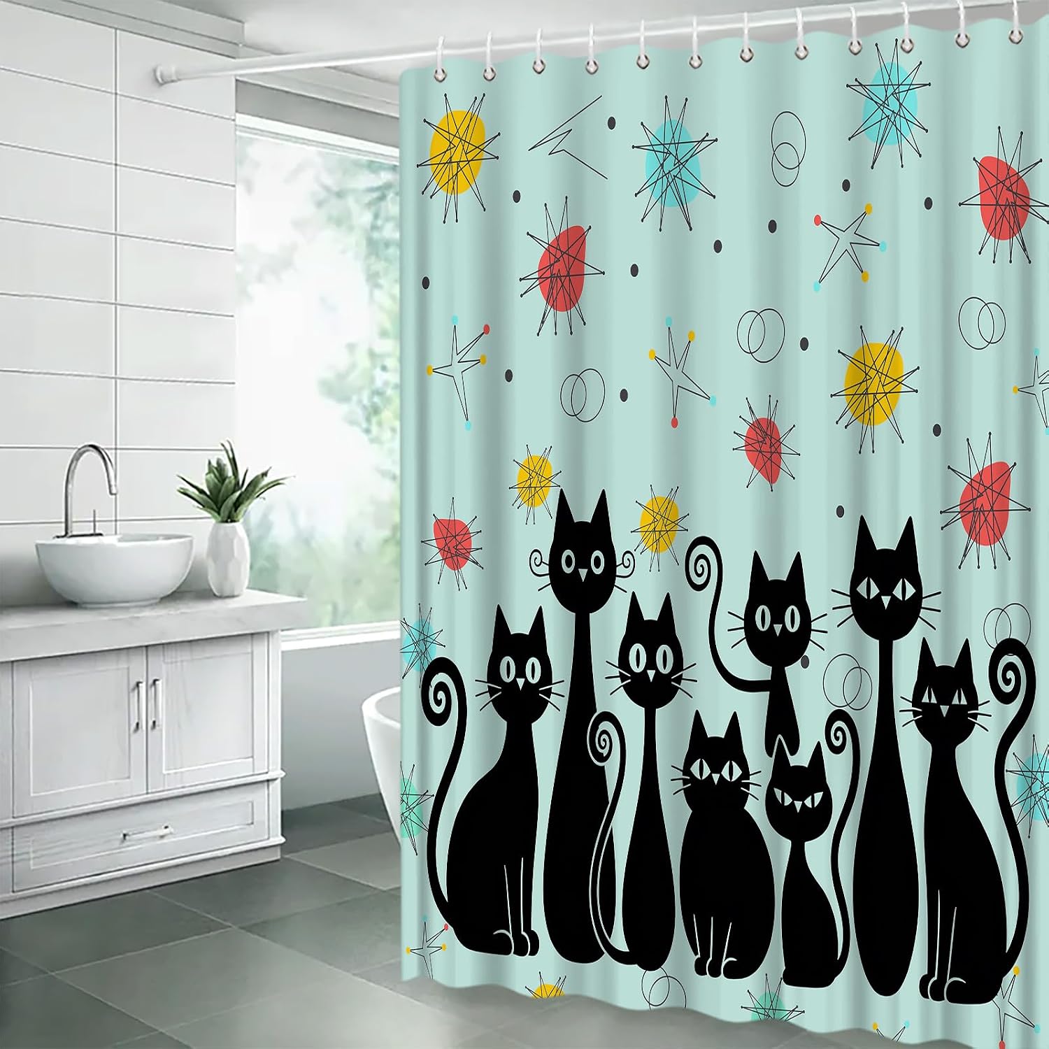 Mid Century Modern Shower Curtain Funny Black Cat Sputnik Retro Abstract Geometric 1950s 1960s Vintage Minimalist Bathroom Decor Curtain with Hooks,