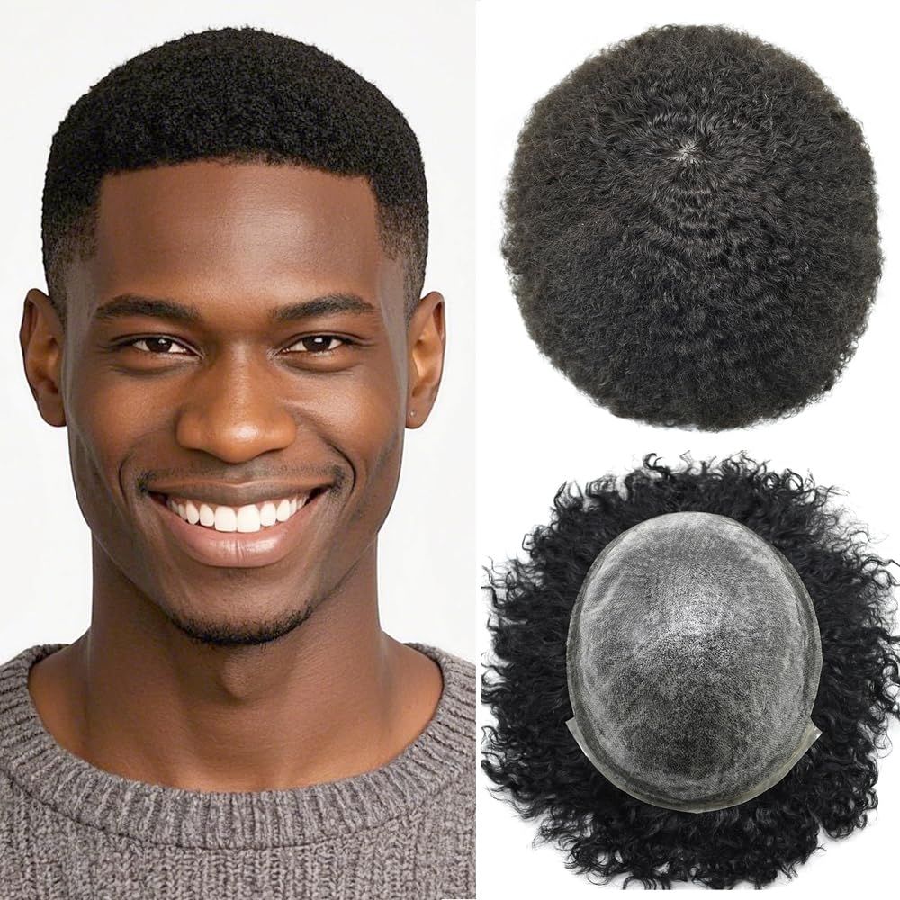 Afro Curl Toupee for Black Men Kinky Curly Hairpieces Brazilian Human Hair Replacement System Full PU Injected African American Men Hair Units Black Man Hair Prosthesis 6MM AFRO WAVE,1B# OFF BLACK