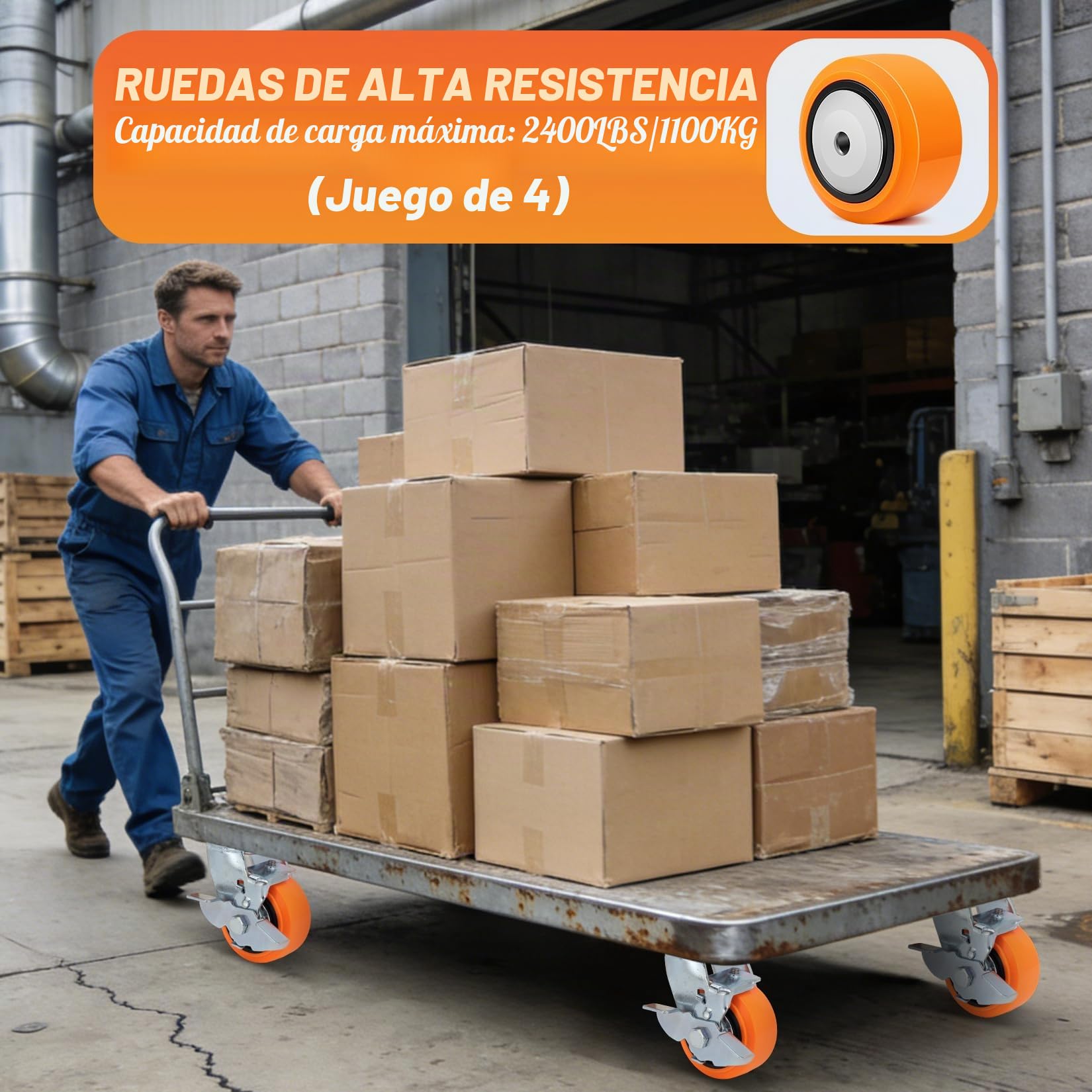 Ruedas de Repuesto 100x50 mm (4" x 2") para Cargas Pesadas, Poliuretano, Carga 1100 kg, Doble Rodamiento con Guardapolvo, Eje 12,7 mm (1/2"), para Banco de Trabajo y Carros, Juego de 4