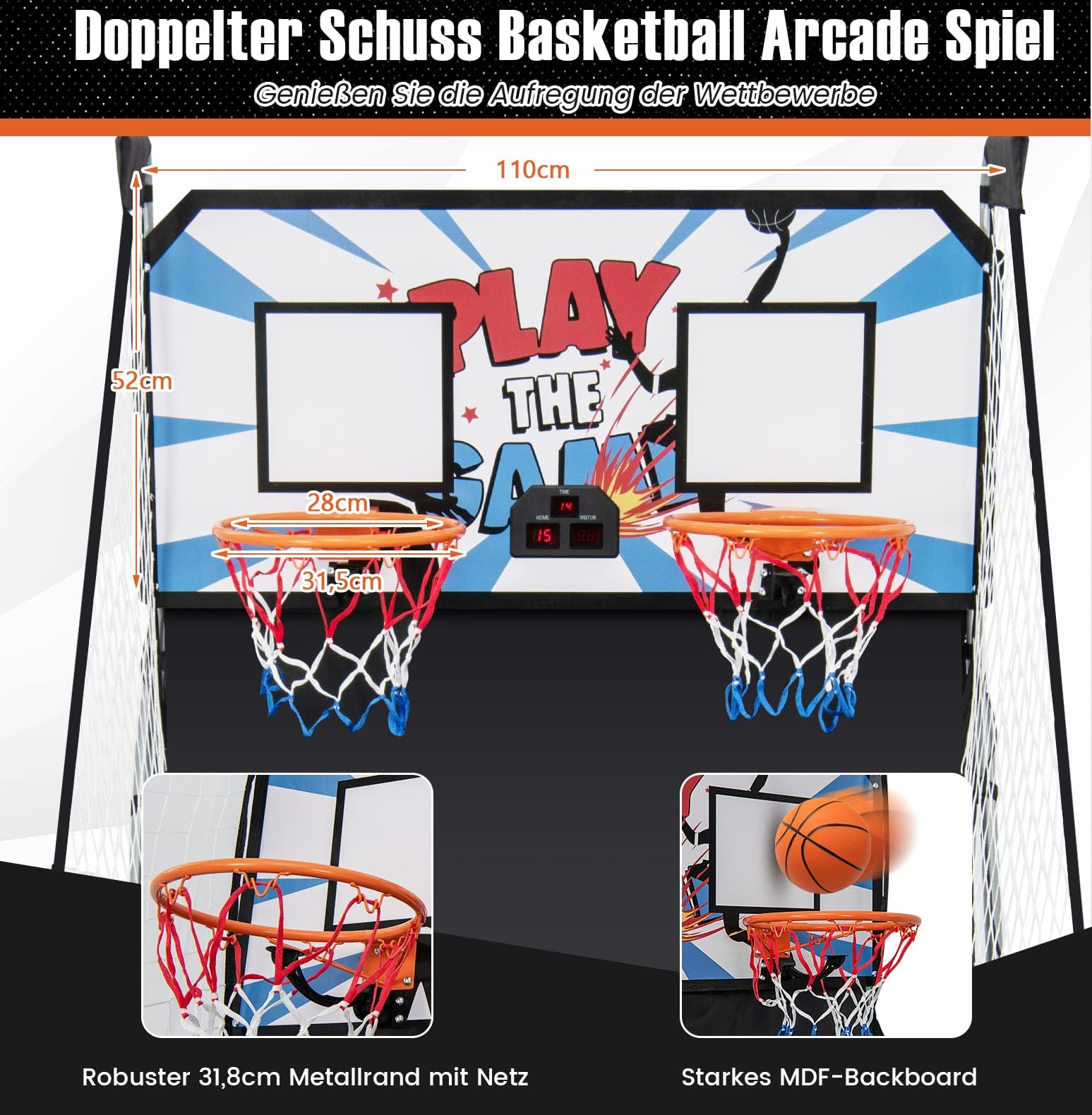 COSTWAY 8 in 1 Basketballautomat, elektrischer Baskeltballständer klappbar, Schießmaschine mit 4 Bällen, 8 Spielmodi, Luftpumpe für 2 Spieler, Arcade Basketballspiel für Kinder Erwachsene
