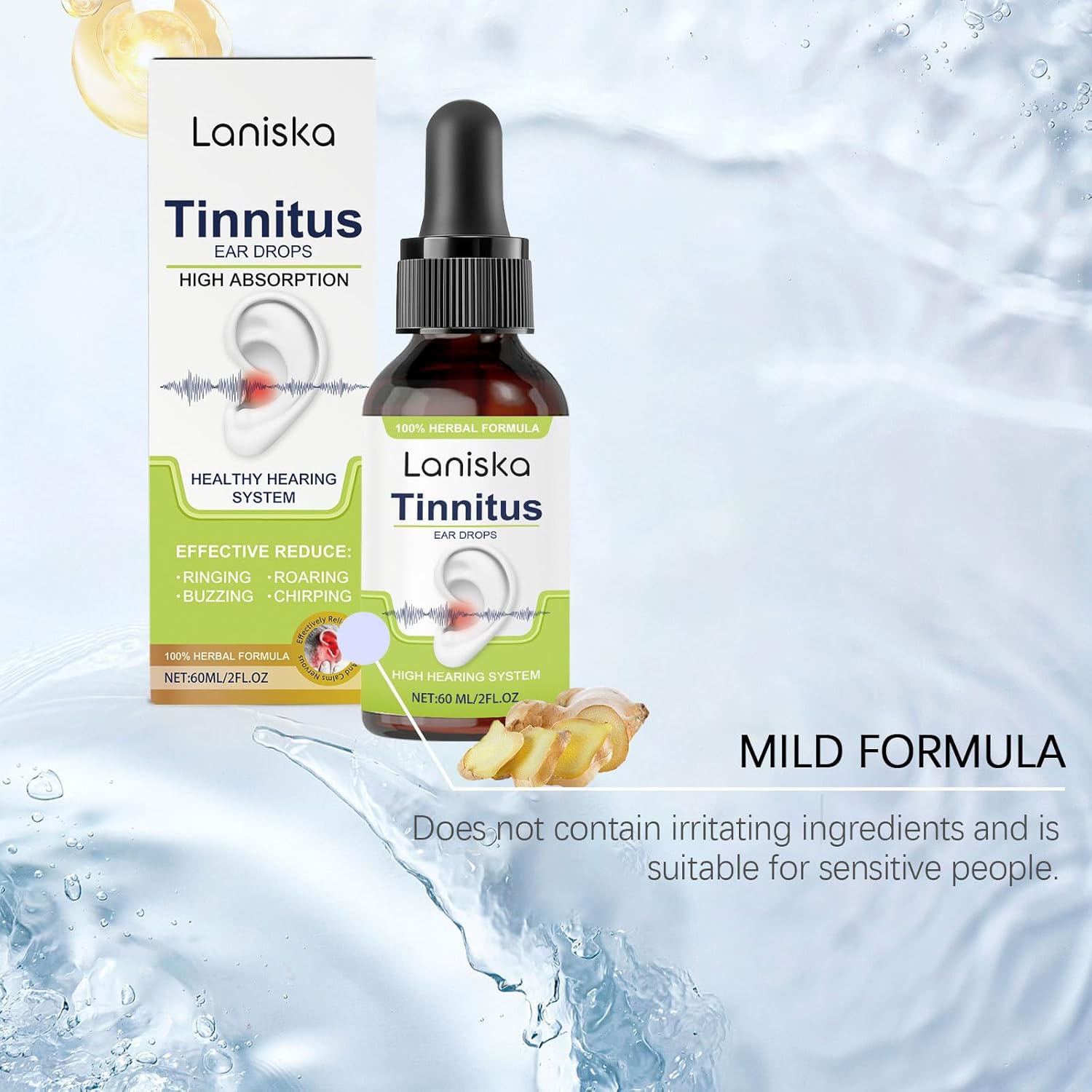 Tinnitus Ear Drops, 60ml/2oz, Tinnitus Relief for Ringing Ears, Gentle Soothing Solution to Clean Ears, Reduce Discomfort & Improve Ear Health