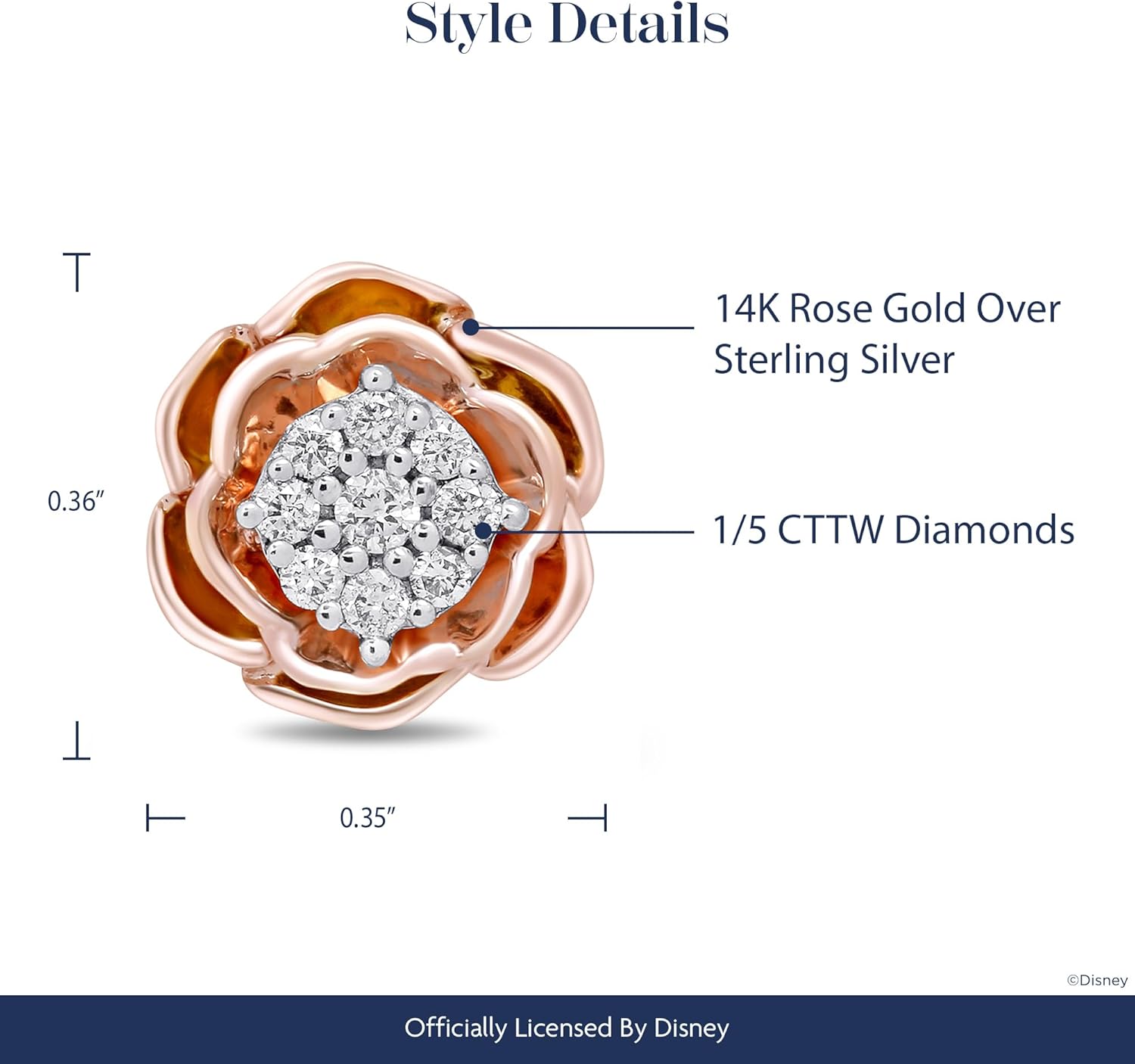 Enchanted Disney Fine Jewelry Belle Rose Earrings for Women | 14K Rose Gold over Sterling Silver | 1/5 CTTW Natural White Round Diamonds | Push Back Studs | Princess Jewelry Gifts for Her