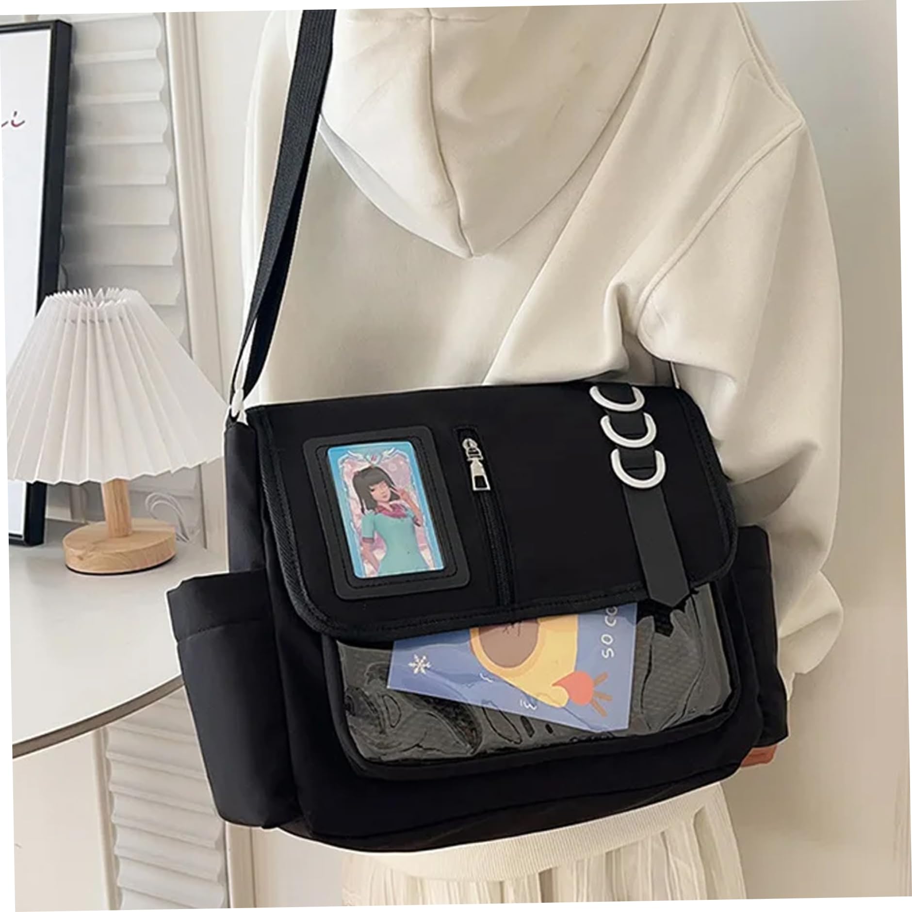 Borsa ITA, Borsa da Scuola Giapponese Kawaii a Tracolla in Nylon Nero ITA con Tasca con Display a Spilla Tracolla Regolabile di capacità per Gilrs Women