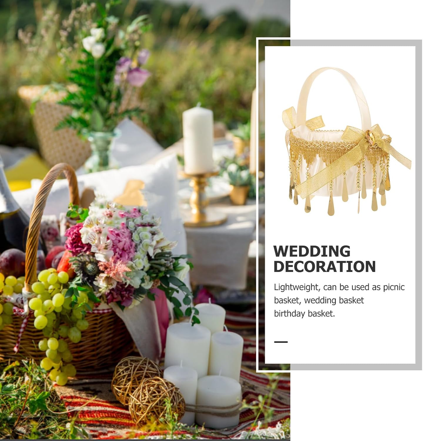 Wedding Flower Girl Basket Small Gold Rustic Handwoven Wedding Party Basket with Detachable Handle for Flower Ceremony Supplies