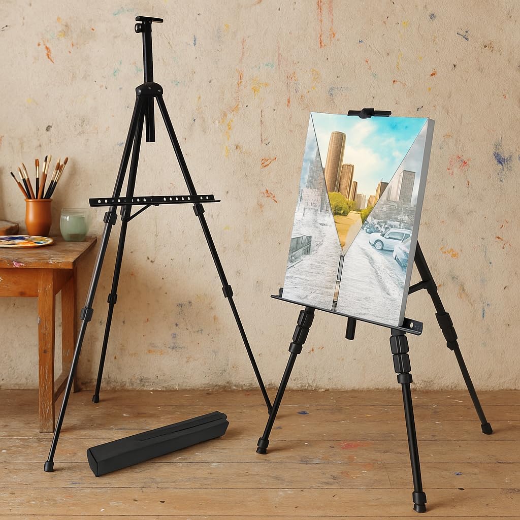 Cavalete De Pintura Em Tela Portátil e Ajustável 1,60m – Leve, Dobrável, Resistente, Ideal para Artistas, Estúdios, Escolas e Pintura ao Ar Livre Suporte Cavalete De Artista Preto Linha Super Premium
