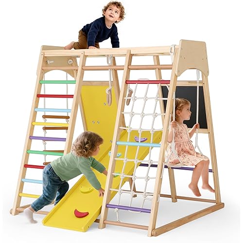 Indoor Jungle Gym for Kids, 10 in 1 Wooden Montessori Climbing Set with Swing Slide Climbing Net, Monkey Bar, Wood & Rope Ladder, Large Climbing Toys for Kids 3+, Rainbow