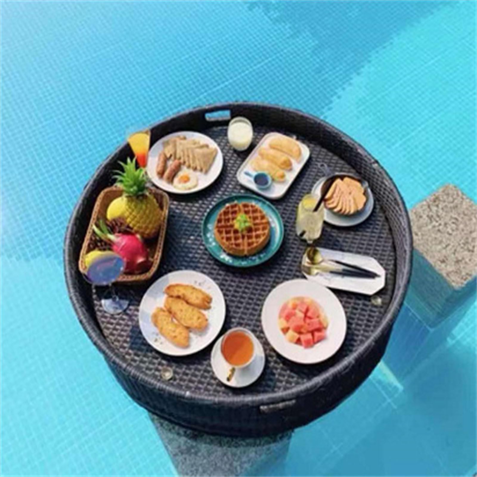 Round Rattan Woven Serving Tray,Floating Serving Tray,Rattan Floating Breakfast Tray With Handles,Swimming Pool Floats,Floating Tray,For Pool Serving Drinks,Brunch