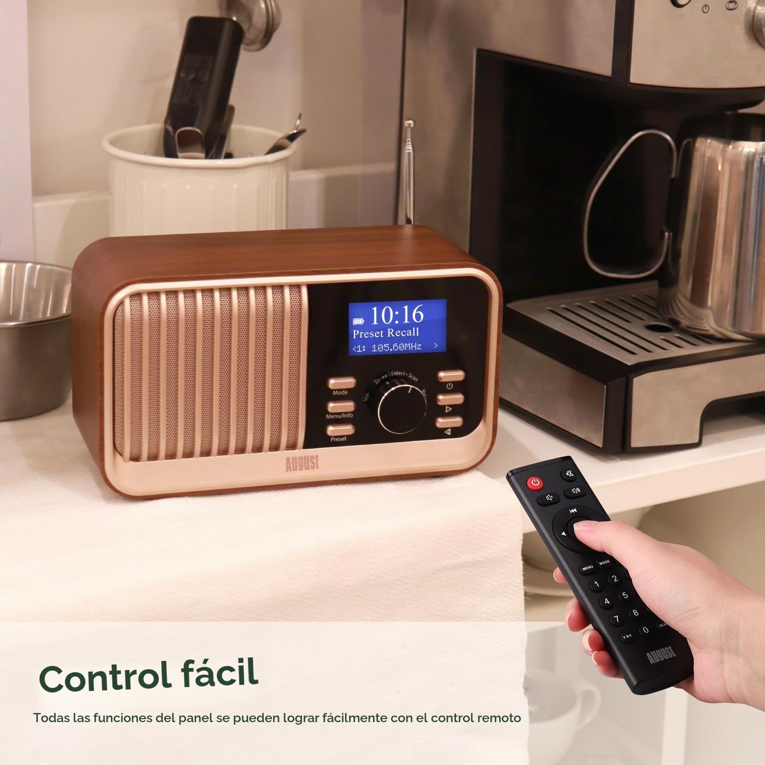 August MB450K Radio FM Dab+ Recargable Reloj Despertador Doble, Radio portátil Retro con 60 presintonías, Altavoz Bluetooth 5.3, USB/AUX/MicroSD, batería hasta 18 Horas y Mando a Distancia - Roble