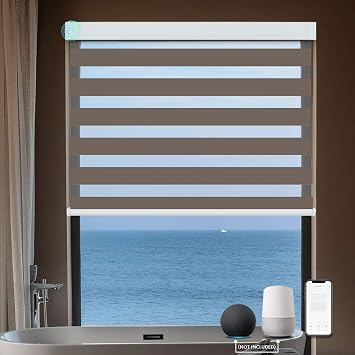 MING CHEN Motorized Blinds with Remote, Built-in Rechargeable Motor Smart Automatic Window Shades, Custom Size Electric Zebra Blinds Compatible with Alexa Google 70% Shading Brown