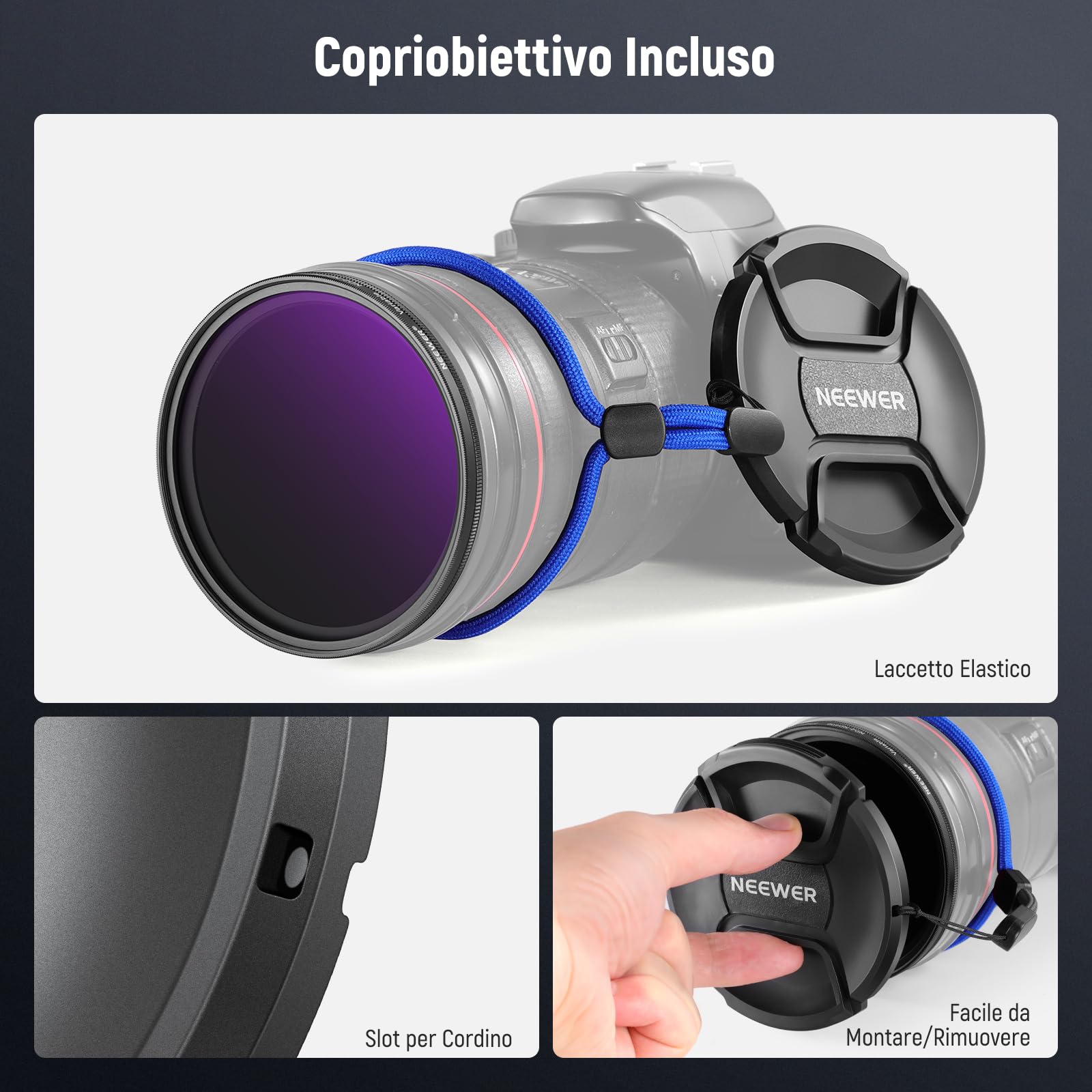 NEEWER 55mm Filtro ND2-ND400 Variabile (1-9 Stop) con Copriobiettivo, Cordino, Panno da Pulizia, Regolazione Precisa della Densità Neutra, Vetro Ottico Multistrato, Anti Impronte Digitali e Antigraffi