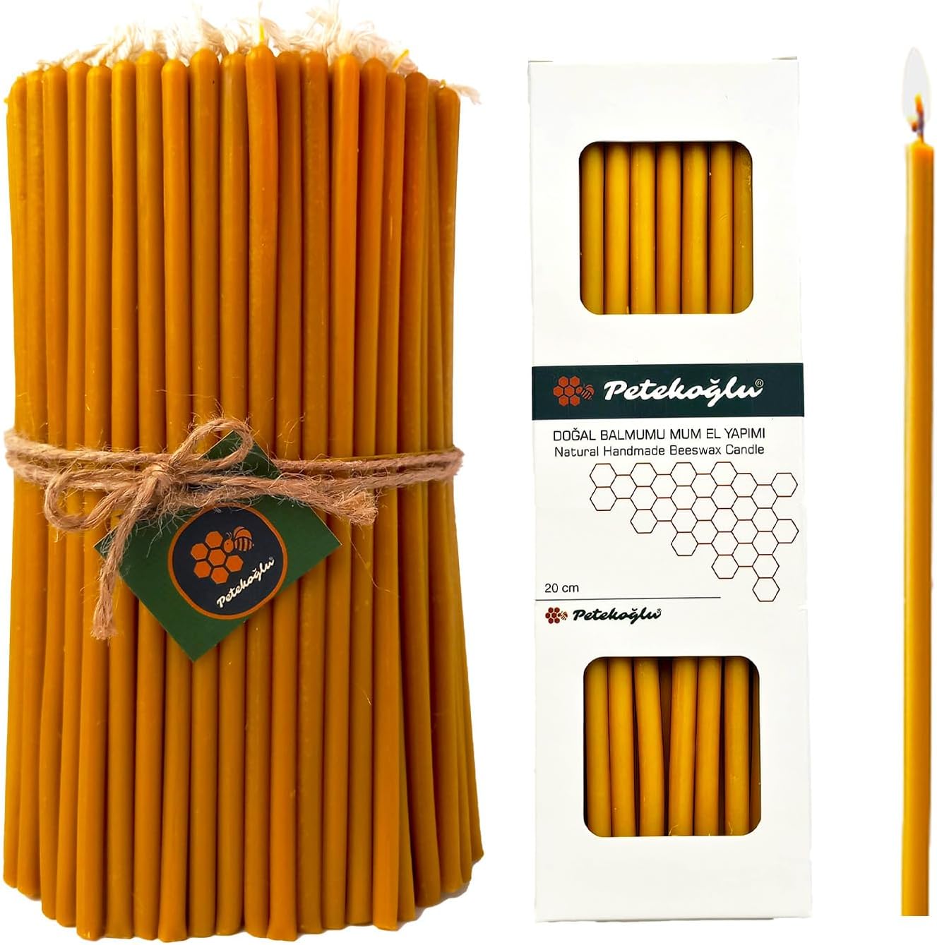 Petekoğlu (40 Adet Sarı) Balmumu Mum Dilek Mumu Doğal Petek Ince Uzun Parti Rituel Doğum Günü Mumu Beeswax Candle