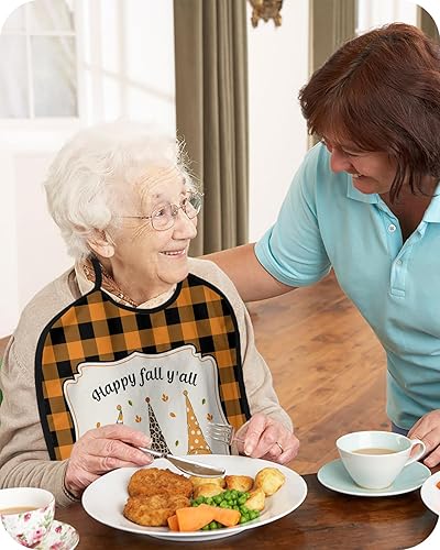 Miniatura 4 de QueenKer Funny Adult Bibs for Eating, Happy Fall Y'All Gnome Orange Black Plaid Waterproof Clothing Protector Washable Adult Bib with Crumb Catcher