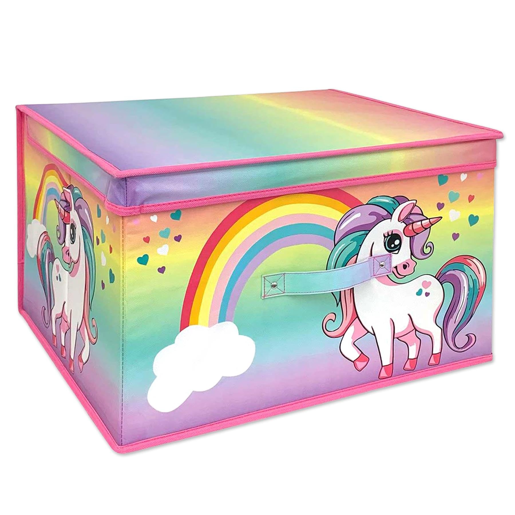 The Magic Toy Shop Large Foldable Kids Toy Storage Box with Lid - Rainbow and Unicorn Design - Collapsible Fabric Organizer for Children's Toys, Crafts, Clothes - for Boys & Girls Bedroom 50x30x40cm