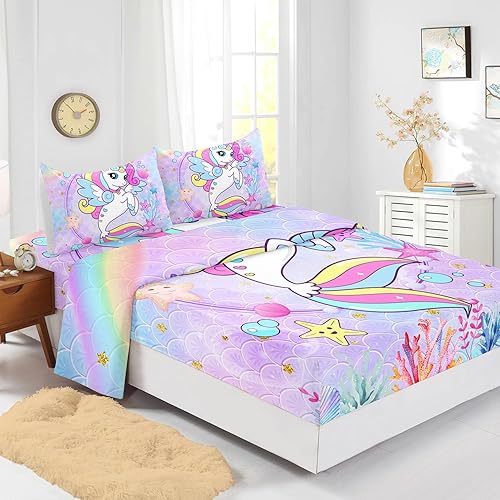 Miniatura 2 de BailiPromise Juego de sábanas de sirena para niños, tamaño Queen, con estampado de unicornio y arcoíris, unicornio y estrella de mar, adecuado para