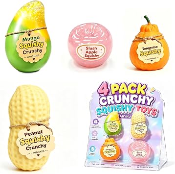 Crunchy Squishy Set, Crunchy Squishy Slow Rising Squishy Toys Fidget Toys | 4Pack Crunchy Mango & Peanut Squishy, Slushy Apple&Crunchy Orange, Slow Rising ASMR Squishy Set for Anxiety Relief