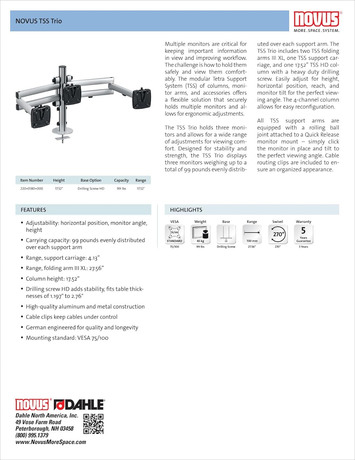 Novus TSS Trio Monitor Arm, Easily Align 3 Monitors, Improves Viewing Comfort with Ergonomic Adjustments for Height/Distance/Angle, Drill Screw Mount, Silver