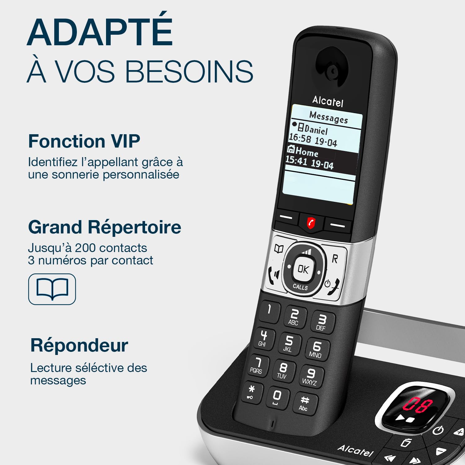 ALCATEL F890 Voice - Téléphone Fixe Sans Fil DECT Avec Répondeur - Écran Graphique Haute Résolution - Mains Libres - Blocage Des Appels - Sonnerie VIP - Répondeur 50 Min - Noir/Gris