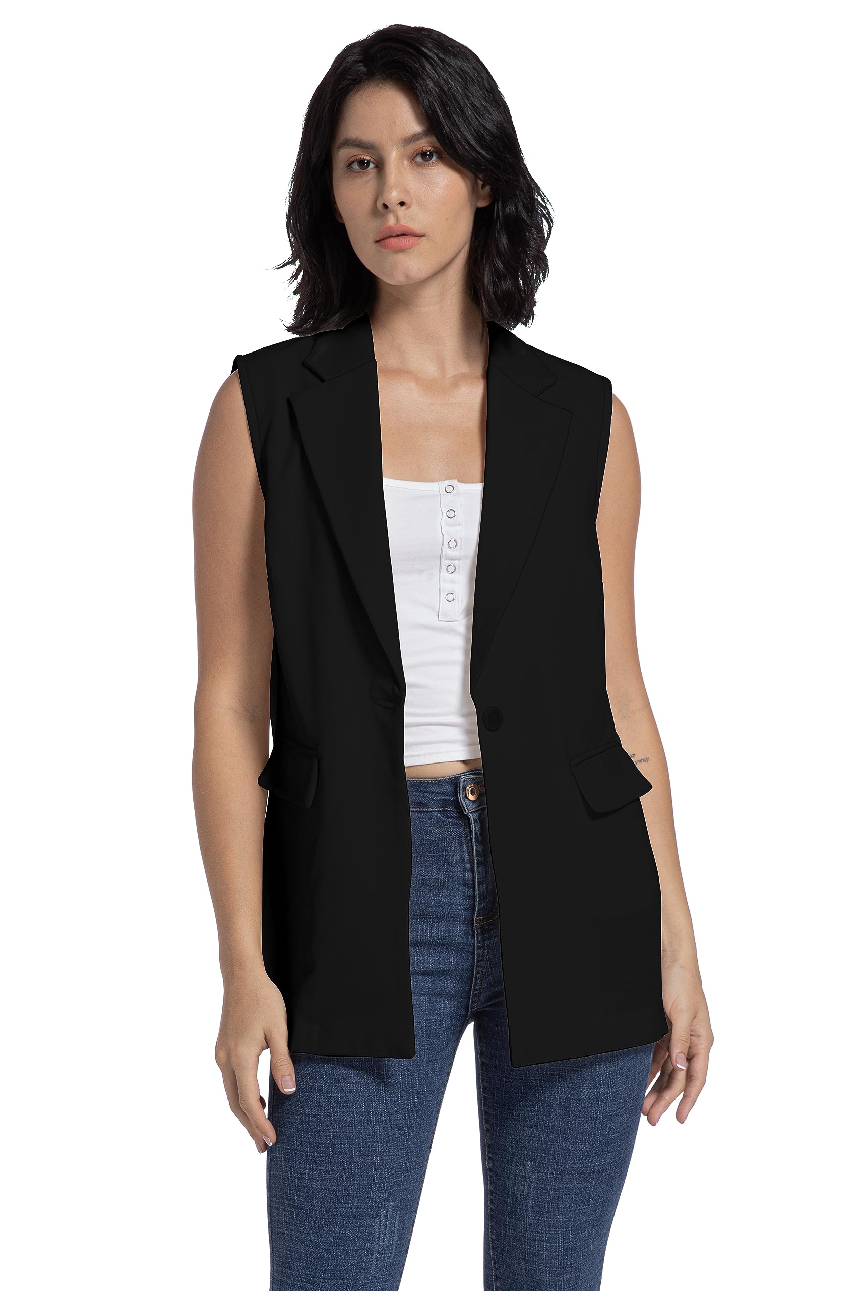 V VOCNI Long Vest for Women Sleeveless Blazer Vest Open Front Button Lapel Duster Trench Cardigan Top