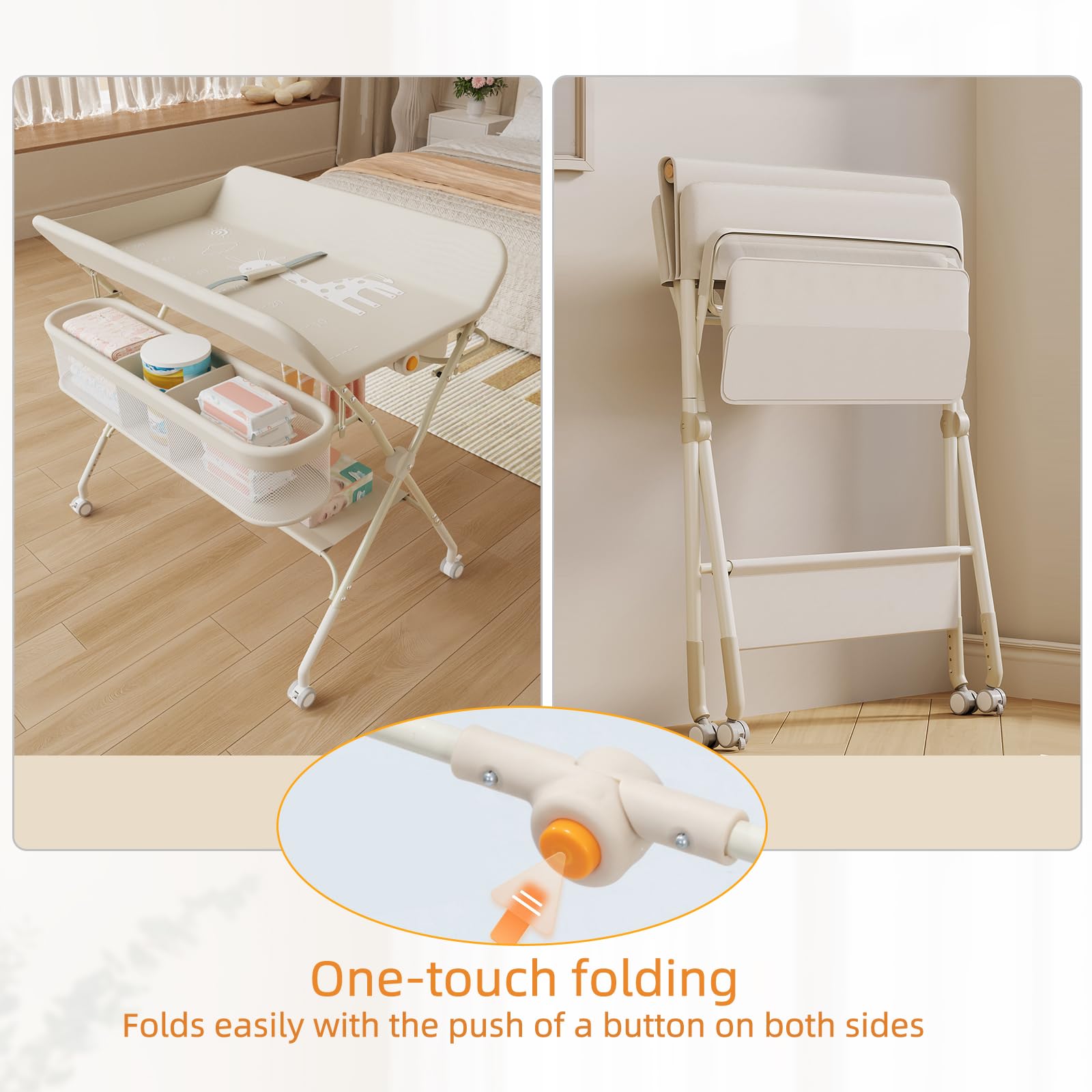 Table à Langer Pliable, Réglable en Hauteur, Ceinture de sécurité et 4 Roues avec Frein, Plan à Langer avec Panier Latéral, Soin pour Nouveaux-Nés Mobile (beige-A)