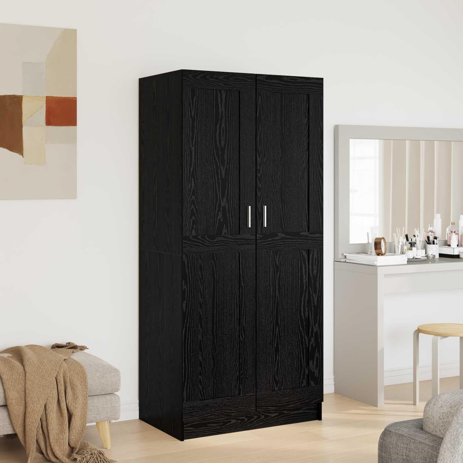 Armadio nero effetto quercia in legno 82,5 x 51,5 x 180 cm con 2 ante a cerniera e ripiani per camera da letto, corridoio, spogliatoio, spazioso armadio per vestiti e biancheria