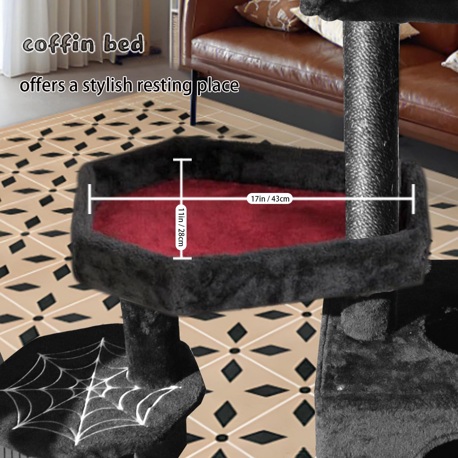 Gothic Cat Tree with Coffin Bed, Cat Tower with Scratching Post, Goth Cat Tower with Spacious Cat Condo Black Cat Tree with Regal Throne Bed, Black Spider Figurine