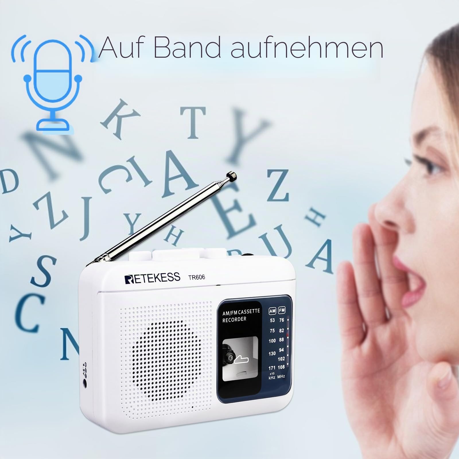 Retekess TR606 Tragbare Kassettenspieler,Tape Recorder,Kleines FM AM Radio,3,5 mm Kopfhöreranschluss,Schneller Vor- und Rücklauf,Alte Kassetten abspielen(Weiß)