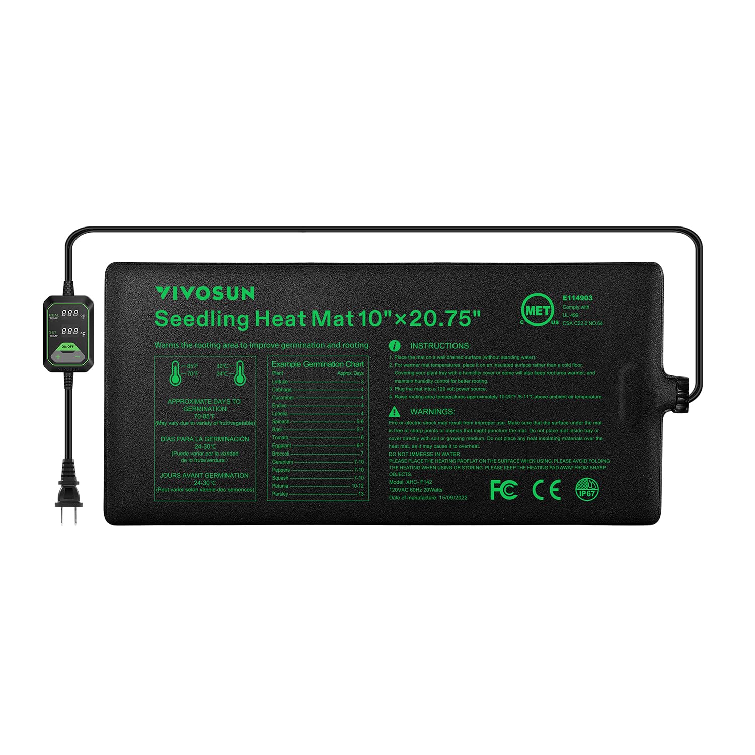 Amazon.com : VIVOSUN 10x20.75 Seedling Heat Mat with Built-in Temperature  Controller, UL u0026 MET-Certified Waterproof Plant Heating Pad for Germination,  Hydroponics, Brewing, Breeding, and Greenhouses : Patio, Lawn u0026 Garden