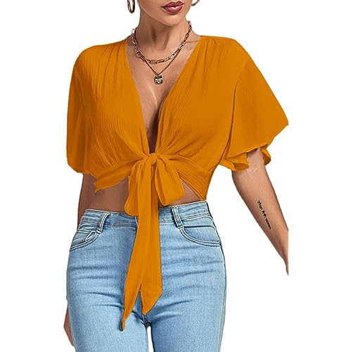 LYANER Women's Deep V Neck Tie Front Knot Wrap Ruffle Short Sleeeve Crop Top Blouse
