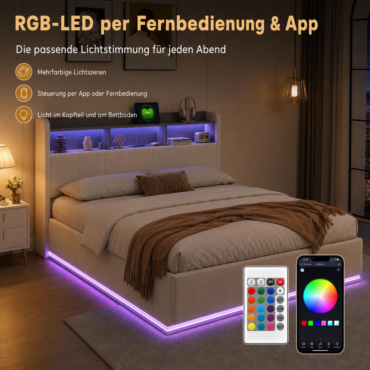 Łóżko 160 x 200 cm ze stelażem LED, podwójne łóżko z ukrytym miejscem do przechowywania na zagłówku, tapicerowane łóżko hydrauliczne 160 x 200 cm z drewnianymi listwami, aksamitne łóżka 2